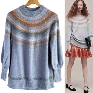 J.Crew Fair Isle Yoke Puff-Sleeve Alpaca Wool Sweater Nordic Style Blue Cream, M